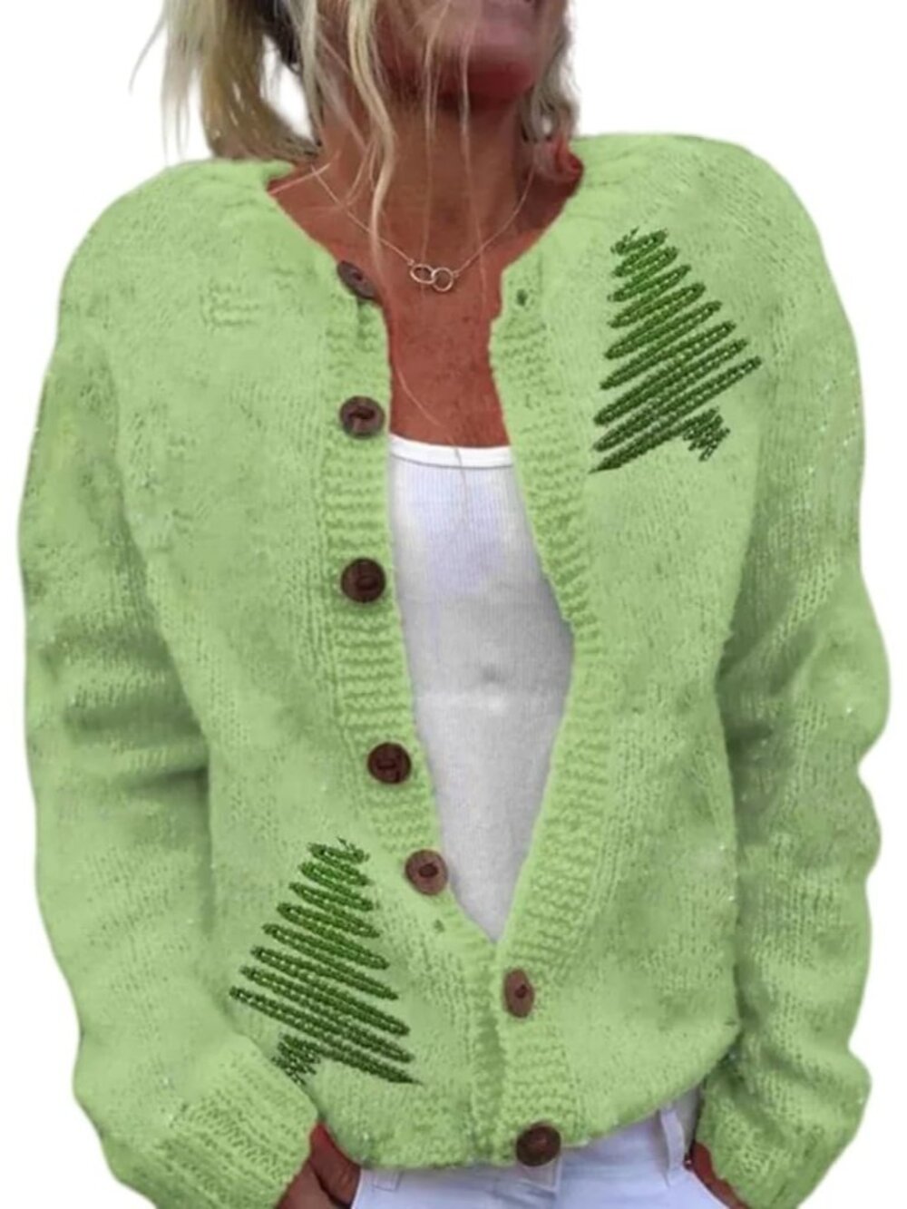 Women’s Lime Green Christmas Tree Knit Button Cardigan Holiday Sweater